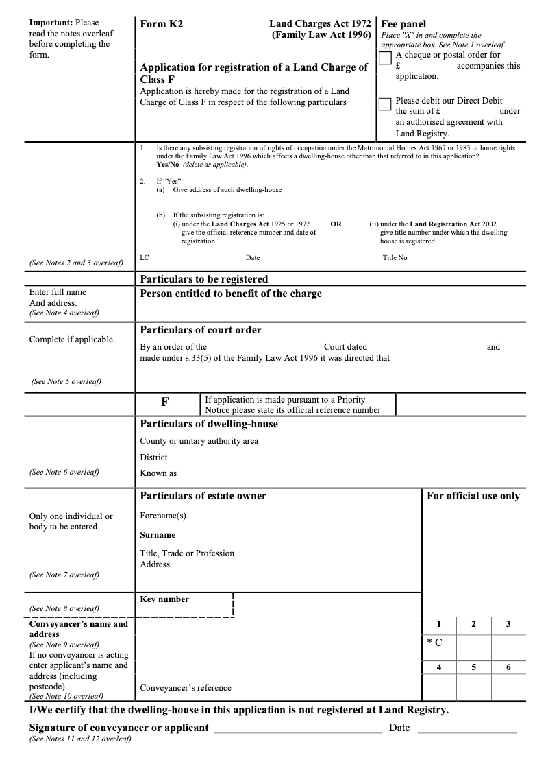 K2 Application for registration of a Land Charge of Class F Land Charges Act 1972 Family Law Act 1996 preview