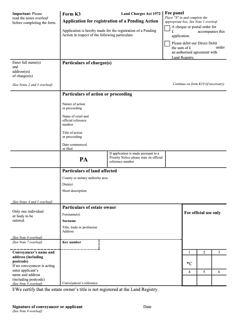 K3 Application for registration of a Pending Action Land Charges Act 1972 preview