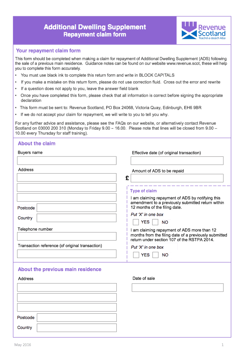 LBTT ADS Refund Repayment claim form Additional Dwelling Supplement ADS Land and Buildings Transaction Tax preview