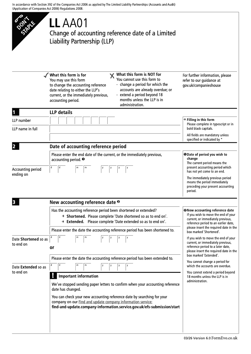 LL AA01 Change of accounting reference date of a Limited Liability Partnership LLP Section 392