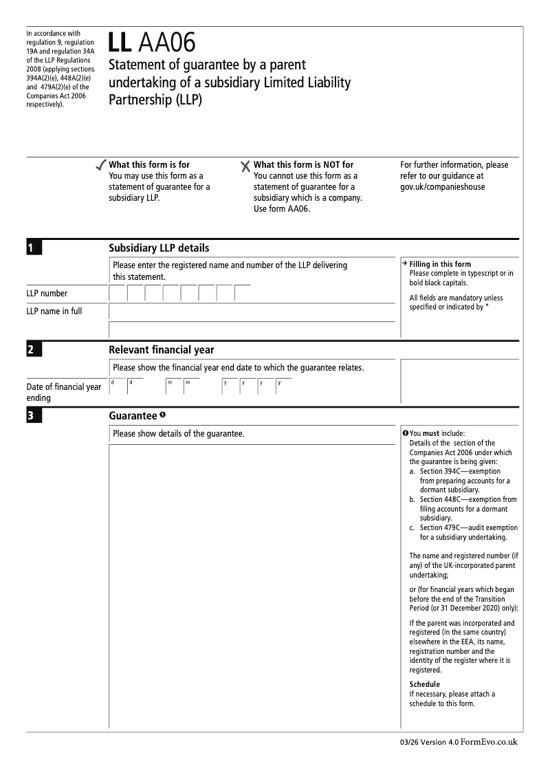 LL AA06 Statement of guarantee by a parent undertaking of a subsidiary Limited Liability Partnership LLP