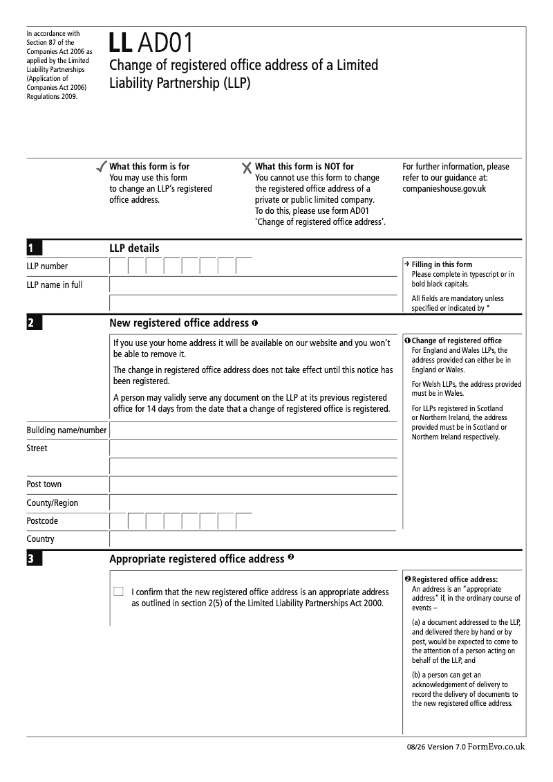LL AD01 Change of registered office address of a Limited Liability Partnership LLP Section 87