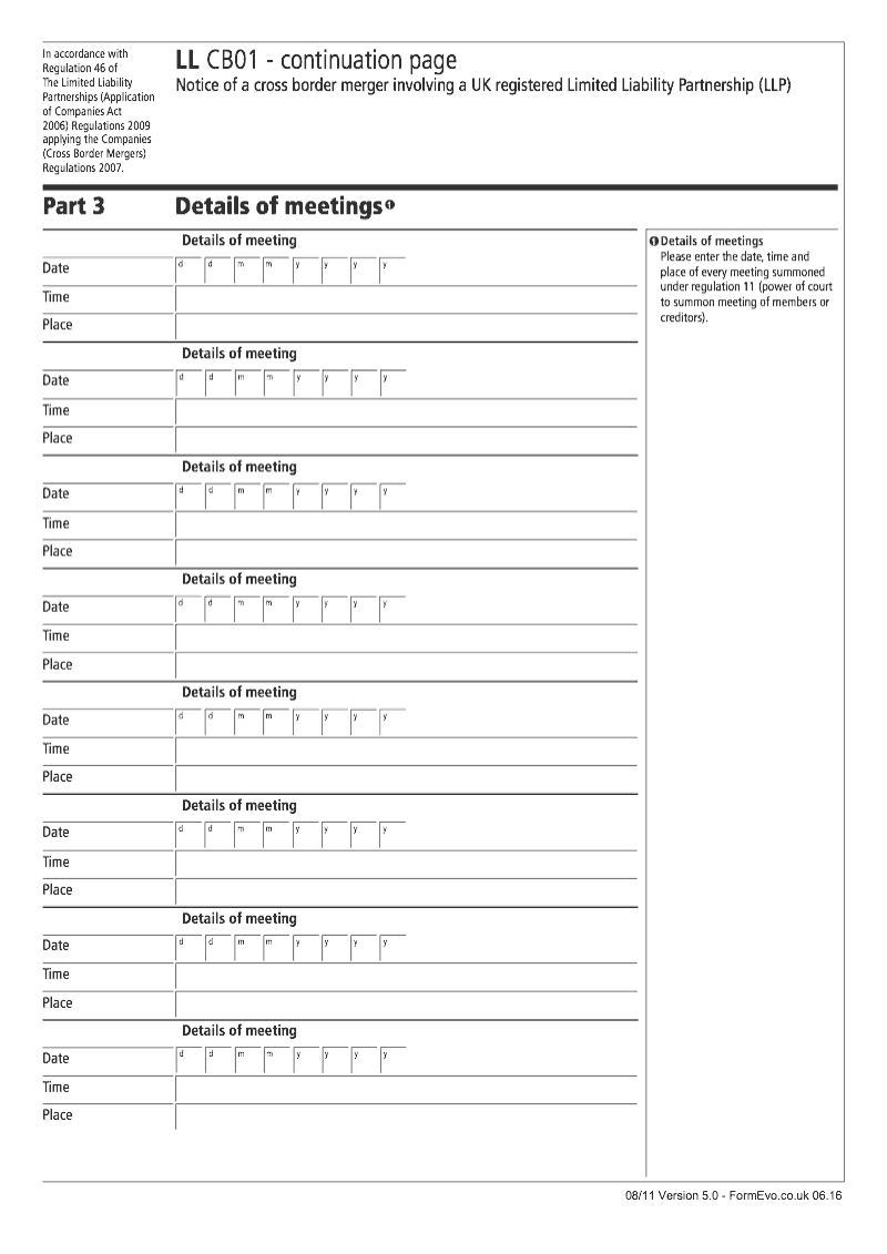 LL CB01 Continuation Page 2 Details of meetings continuation page LL CB01 Notice of a cross border merger involving a UK registered Limited Liability Partnership LLP