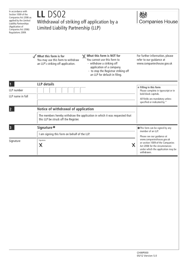 LL DS02 Withdrawal of striking off application by a Limited Liability Partnership LLP Section 1009