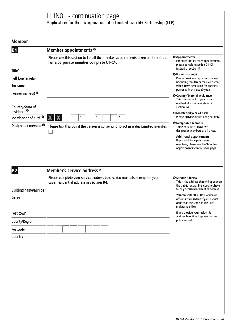 LL IN01 Continuation Page 1 Member appointments continuation page LL IN01 Application for the incorporation of a Limited Liability Partnership LLP preview
