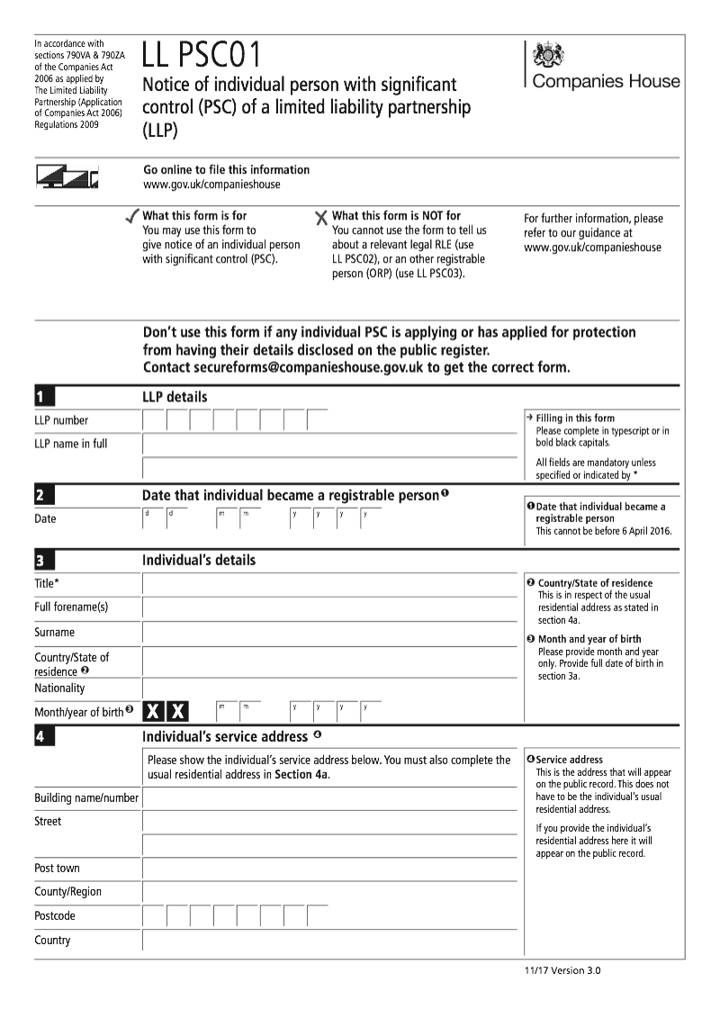 LL PSC01 Notice of individual person with significant control PSC of a limited liability partnership LLP Section 790K and 790ZA of the Companies Act 2006 preview