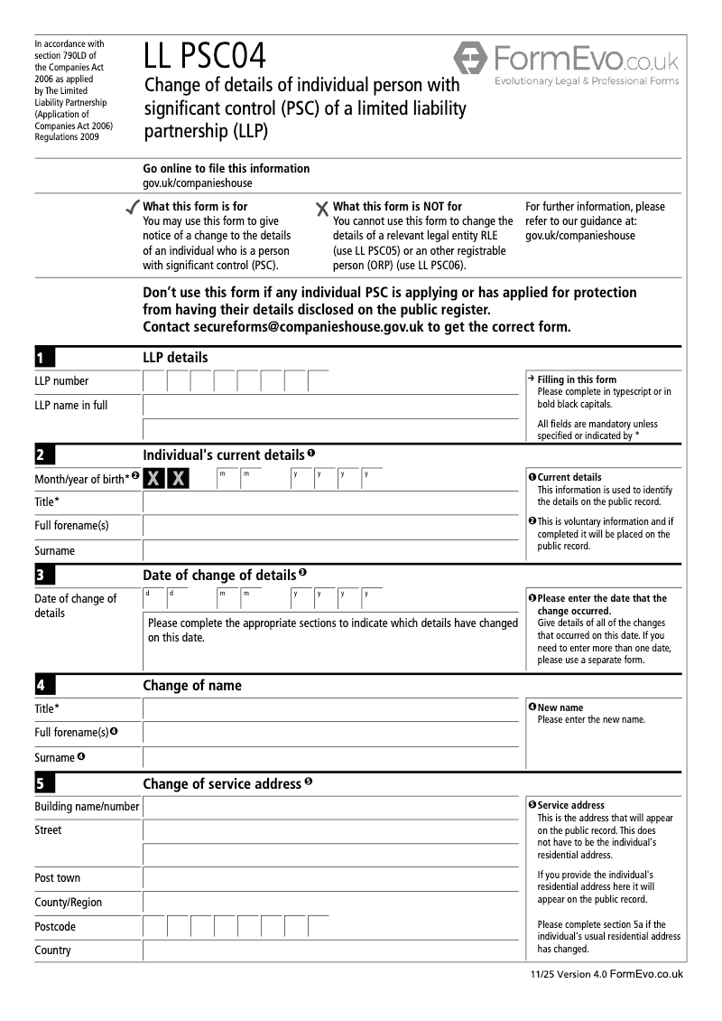LL PSC04 Change of details of individual person with significant control PSC of a limited liability partnership LLP Section 790M and 790ZA of the Companies Act 2006 preview