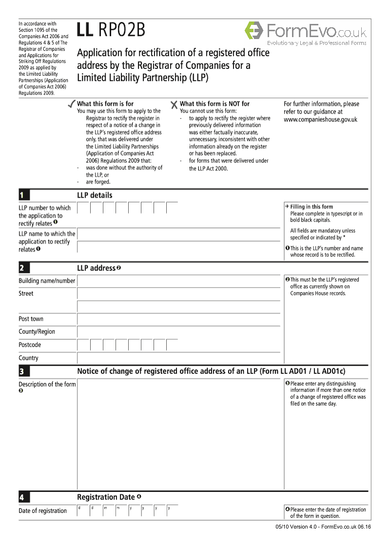 LL RP02B Application for rectification of a registered office address by the Registrar of Companies for a Limited Liability Partnership LLP preview