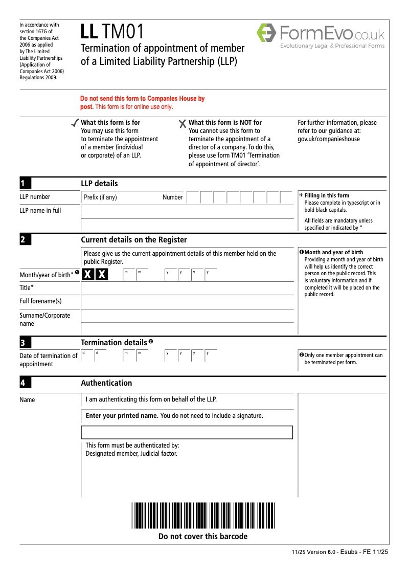 LL TM01 Termination of appointment of member of a Limited Liability Partnership LLP preview
