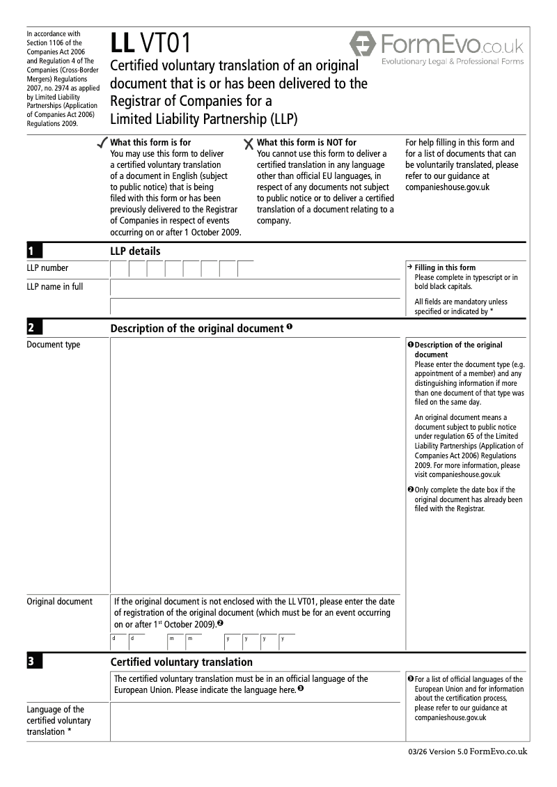 LL VT01 Certified voluntary translation of an original document that is or has been delivered to the Registrar of Companies for a Limited Liability Partnership LLP preview