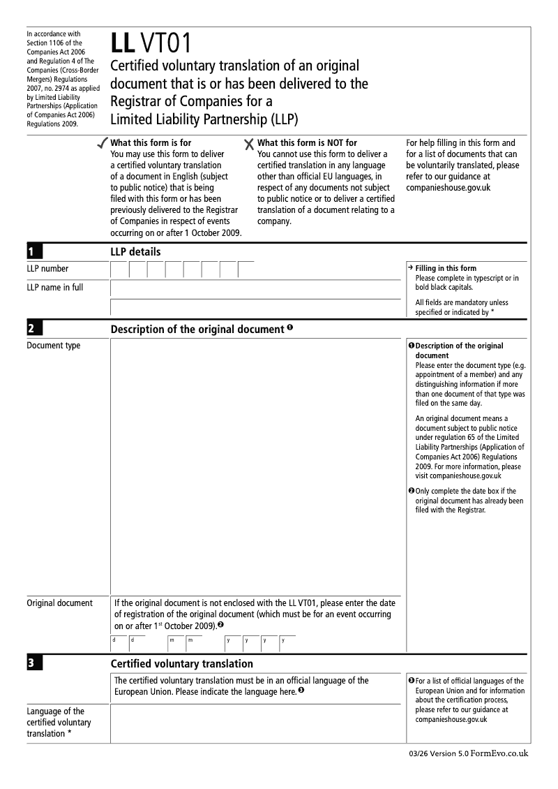 LL VT01 Certified voluntary translation of an original document that is or has been delivered to the Registrar of Companies for a Limited Liability Partnership LLP preview