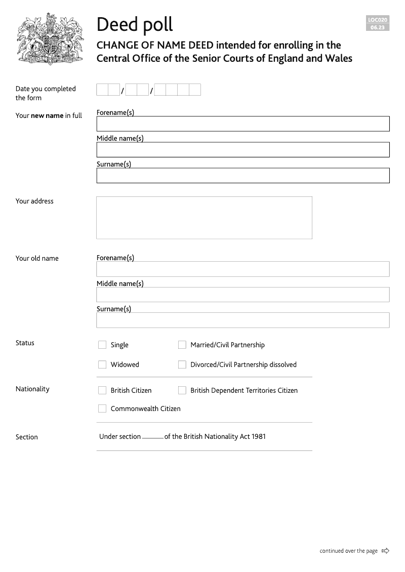 LOC020 Change of name deed intended for enrolling in the Central Office of the Senior Courts of England and Wales preview