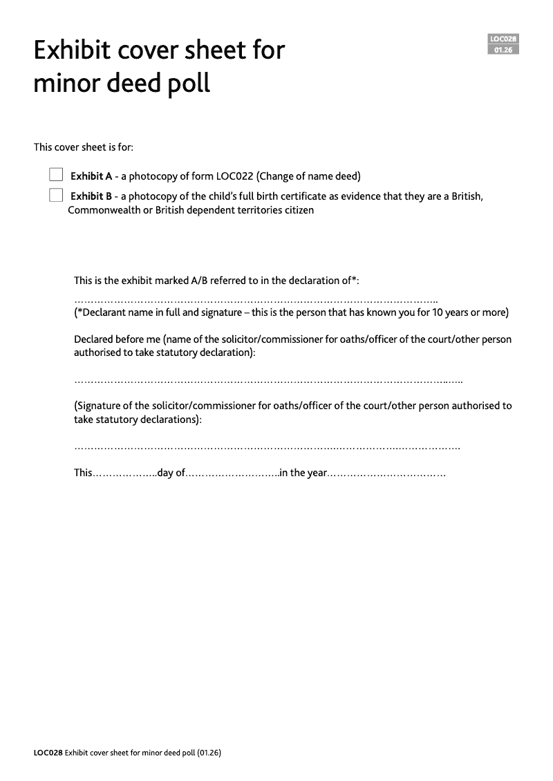 LOC028 Exhibit cover sheet for minor deed poll preview
