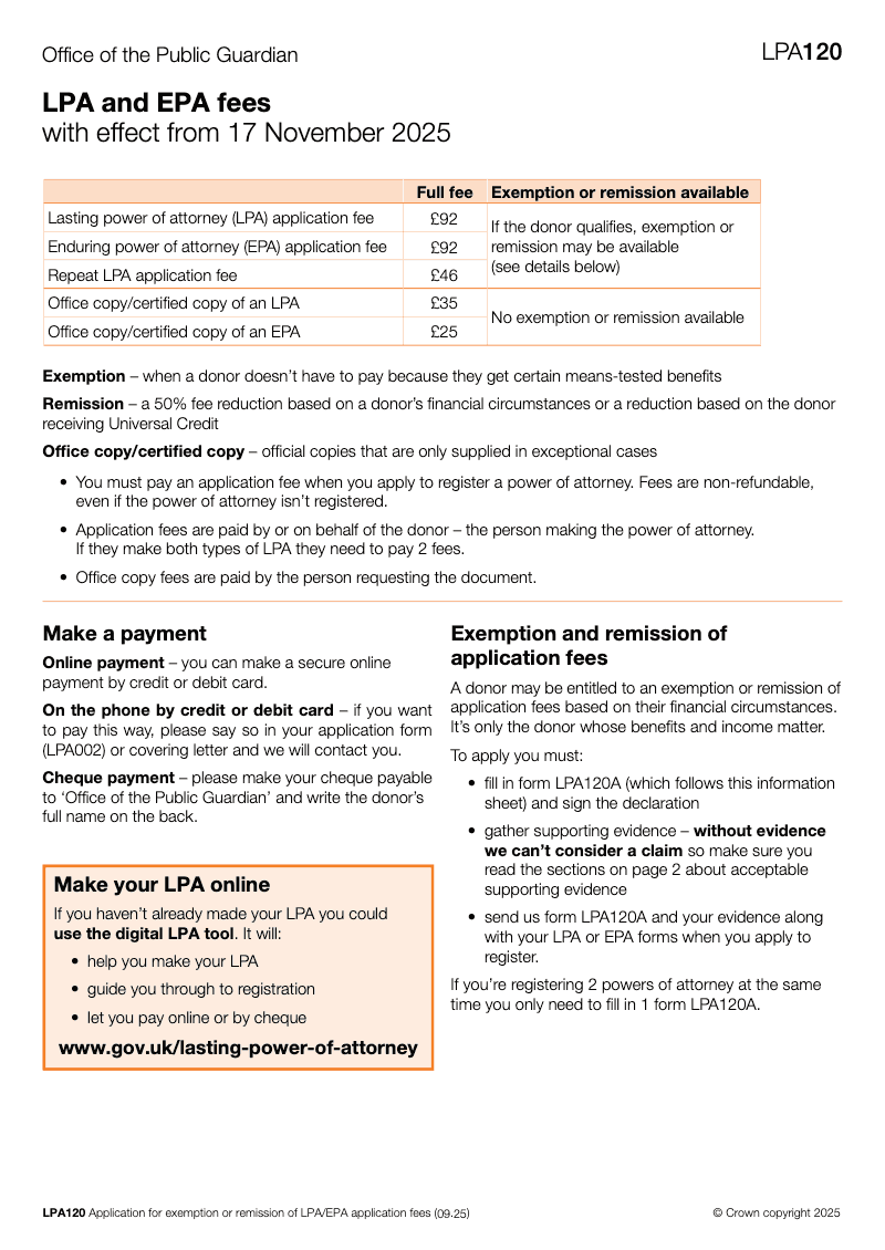 LPA 120 EPA and LPA Fees with effect from 1 April 2017 preview
