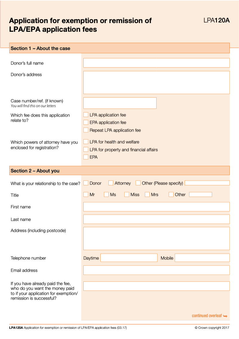 LPA 120A Application for exemption or remission of EPA LPA Application to register fees preview