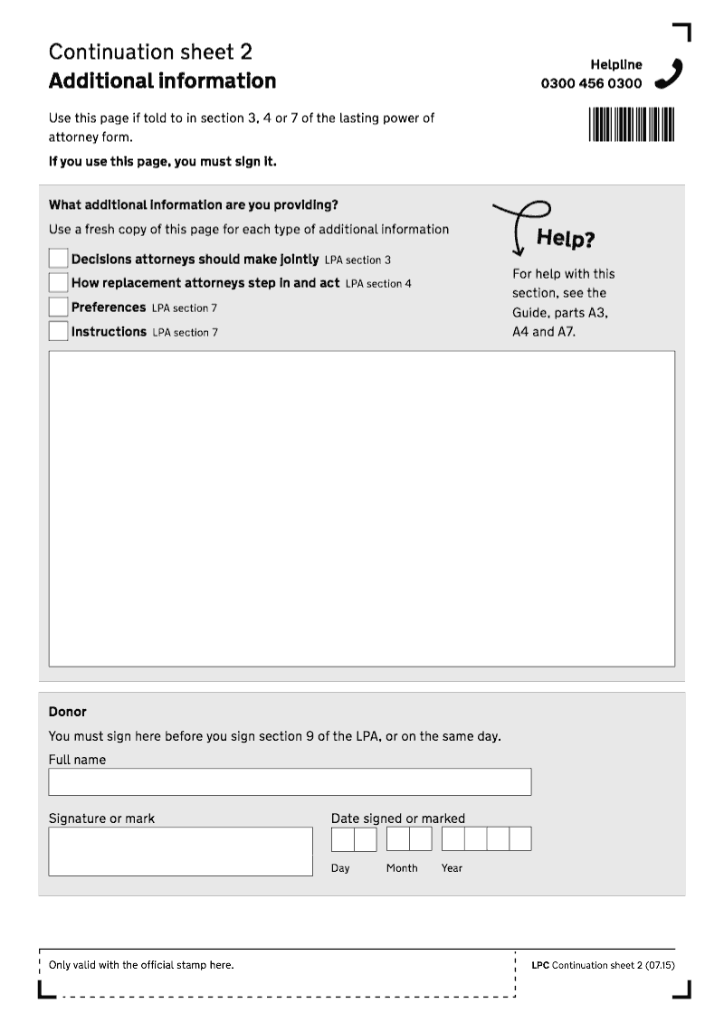 LPC Continuation Sheet 2 Continuation sheet for additional information lasting power of attorney LPA preview