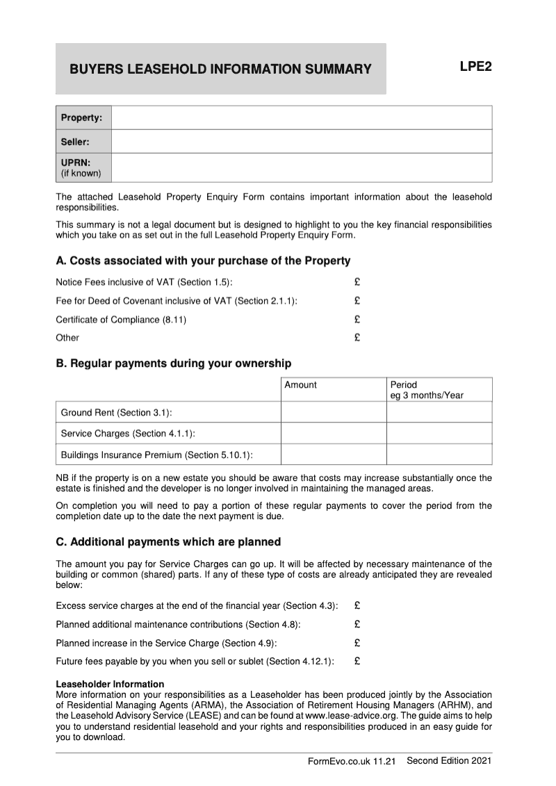 LPE2 Buyers Leasehold Property Information Summary second edition 2021 preview