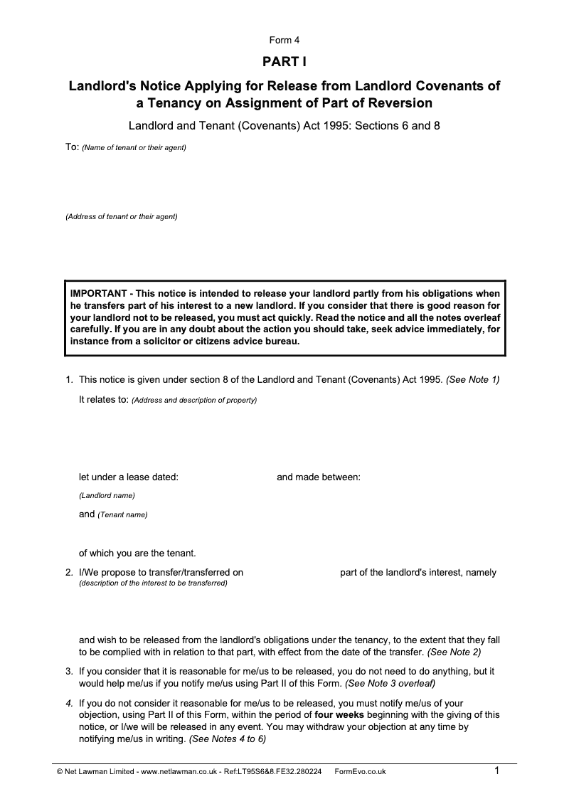 LT74 Landlord s notice applying for release from Landlord covenants of a tenancy on assignment of part of reversion Landlord and Tenant Covenants Act 1995 sections 6 and 8 Form 4 preview