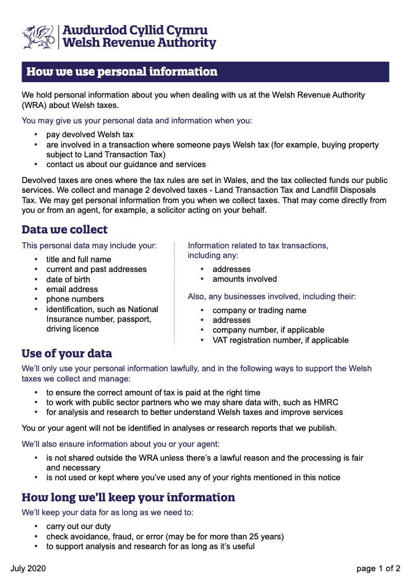 LTT1 Privacy Notice Welsh Revenue Authority Privacy Notice Client s Copy Land Transaction Tax preview