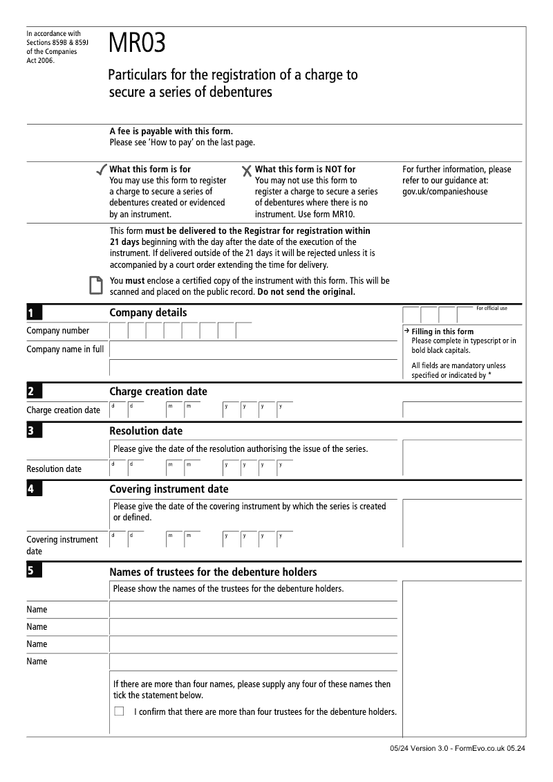 MR03 Particulars for the registration of a charge to secure a series of debentures Sections 859B 859J preview
