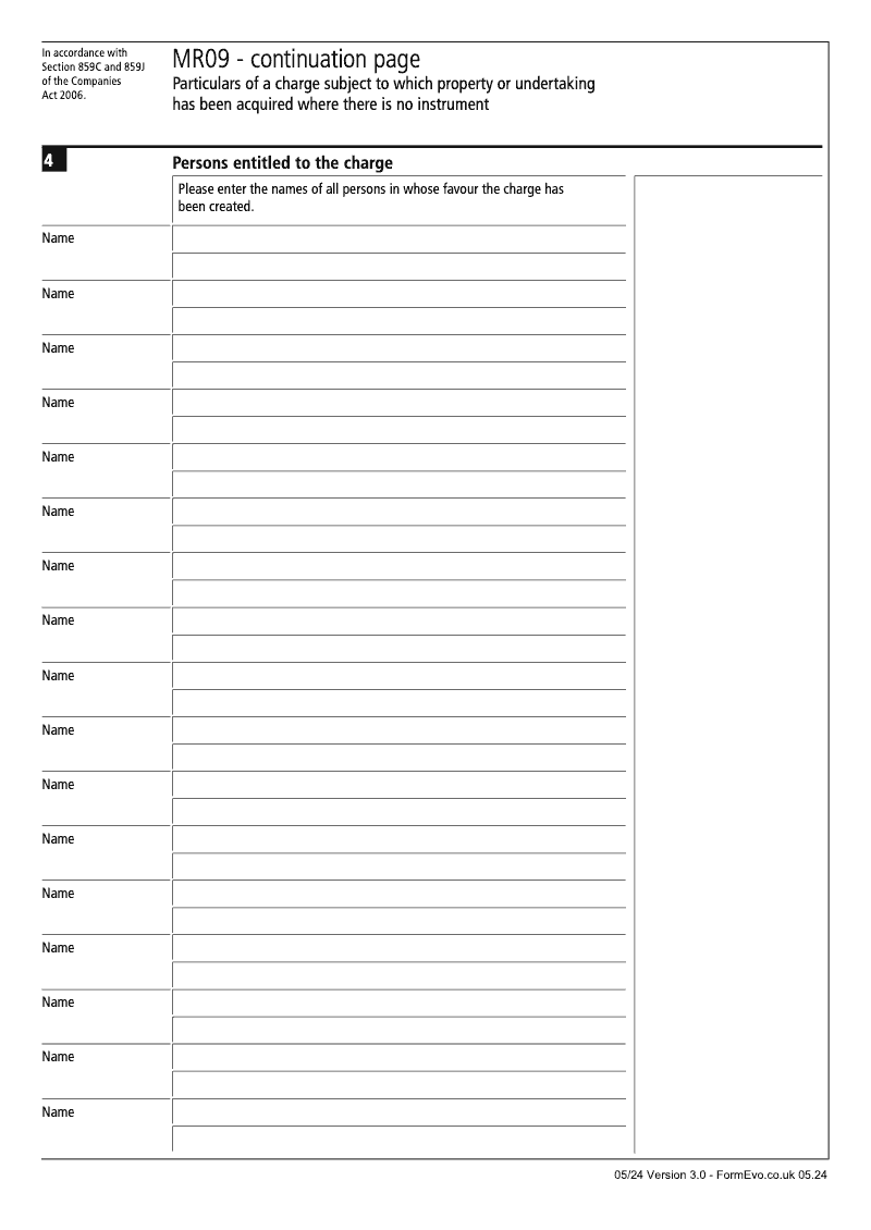 MR09 Continuation Page 1 Persons entitled to the charge continuation page MR09 Particulars of a charge subject to which property or undertaking has been acquired where there is no instrument Section 859C and 859J preview