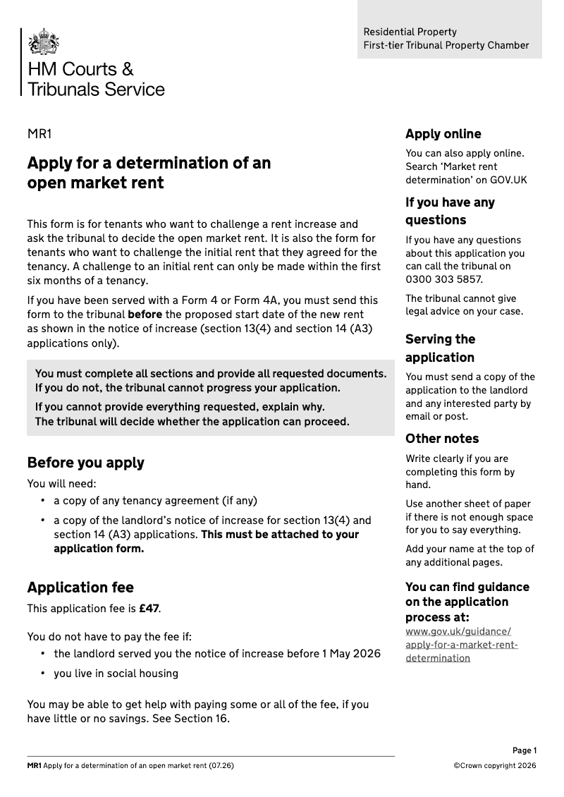 MR1 MARKET RENT Apply for a determination of an open market rent electronic signature available preview