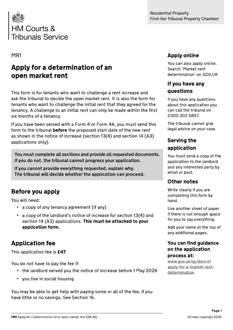MR1 MARKET RENT Apply for a determination of an open market rent electronic signature available preview