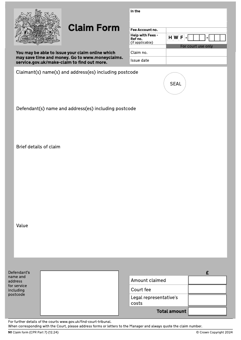 N1 Claim form CPR Part 7 preview