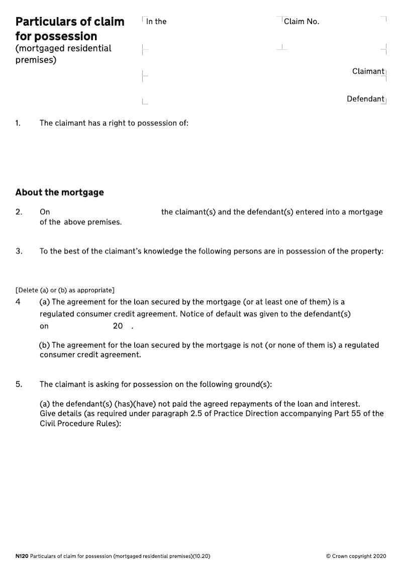 N120 Particulars of claim for possession mortgaged residential premises preview