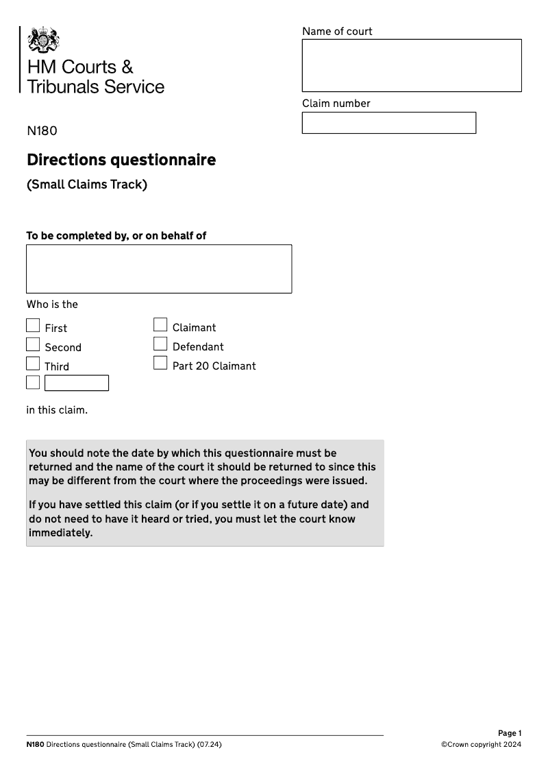 N180 Directions questionnaire Small Claims Track preview