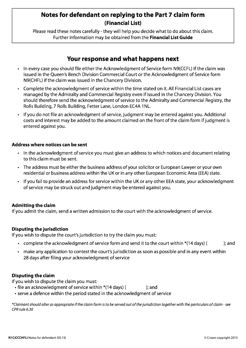 N1C CCCHFL Notes for defendant on replying to the Part 7 claim form Financial List Commercial Court Chancery Division preview