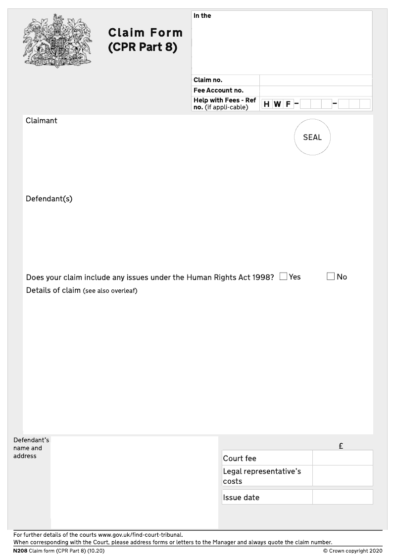 N208 Claim form CPR Part 8 preview