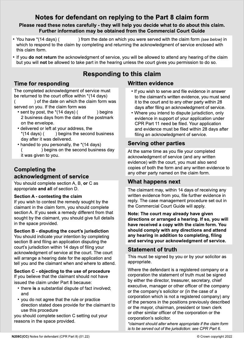 N208C CC Notes for defendant on replying to the Part 8 claim form Commercial Court preview