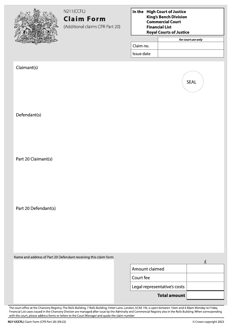 N211 CCFL Claim Form for the Financial List Additional claims CPR Part 20 Commercial Court preview