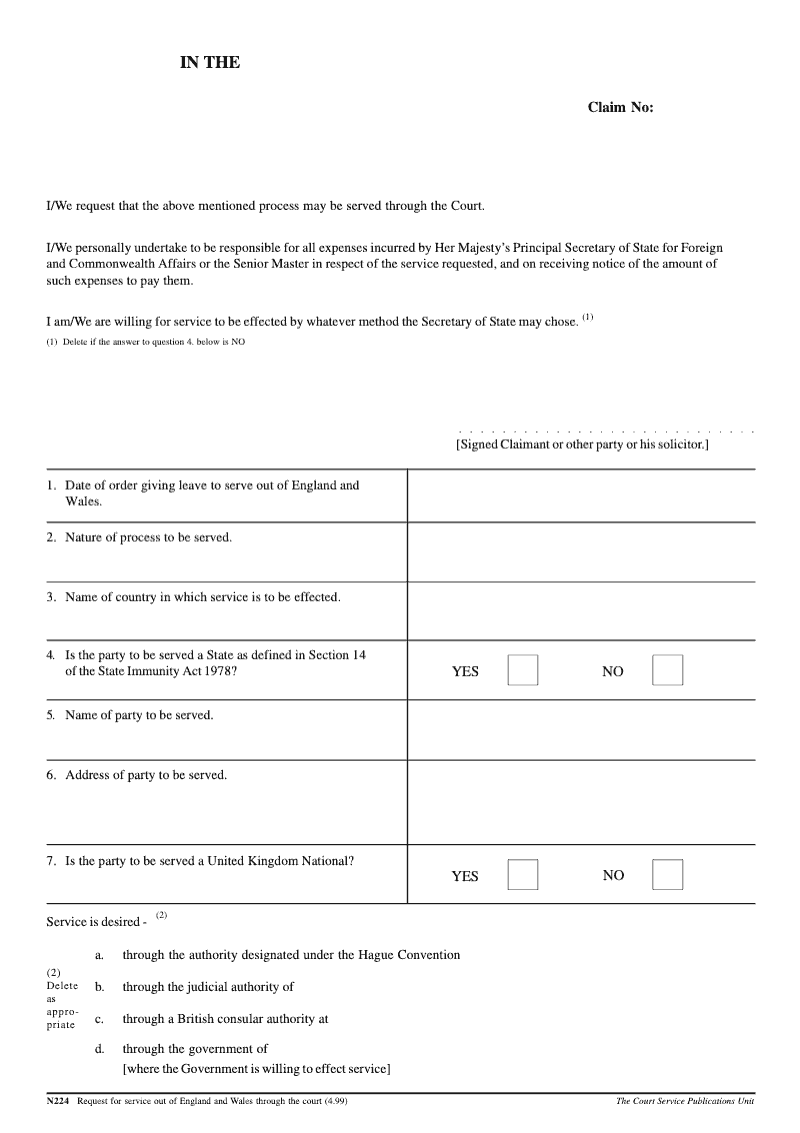 N224 Request for service out of England and Wales through the court preview