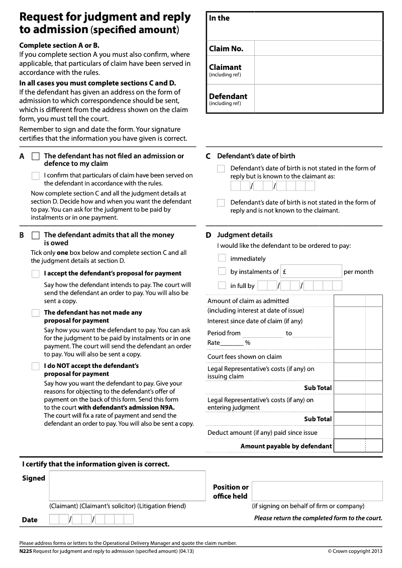N225 Request for judgment and reply to admission specified amount preview