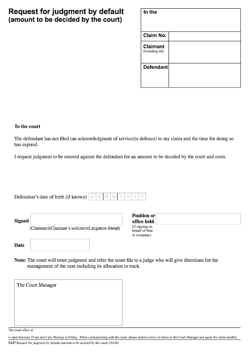 N227 Request for judgment by default amount to be decided by the court preview