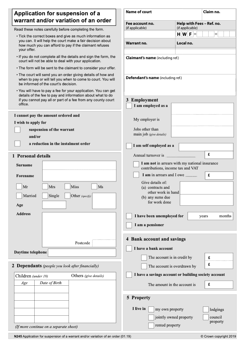 N245 Application for suspension of a warrant and or variation of an order preview