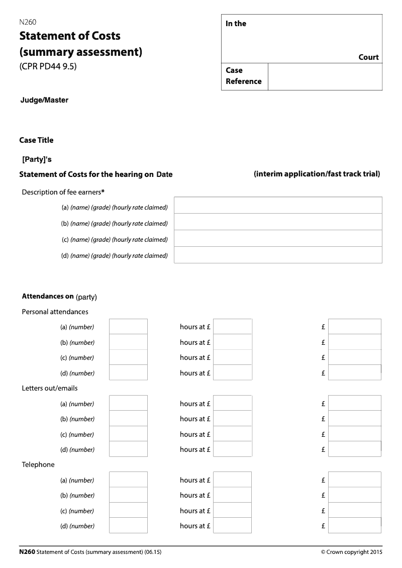 N260 Statement of Costs summary assessment preview