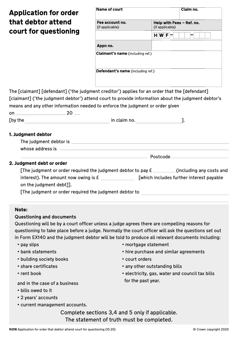 N316 Application for order that debtor attend court for questioning preview
