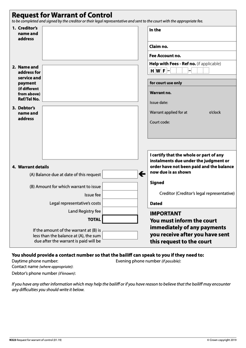 N323 Request for Warrant of Control preview