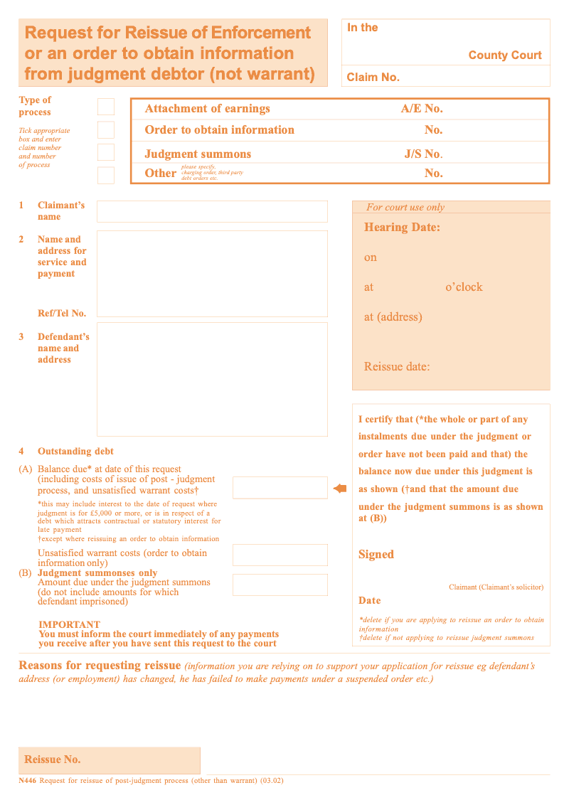 N446 Request for Reissue of Enforcement or an order to obtain information from judgment debtor not warrant preview