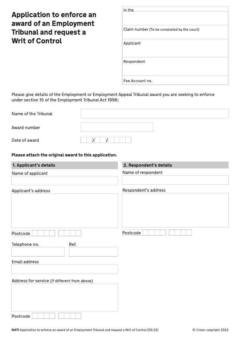 N471 Application to enforce an award of an Employment Tribunal and request a Writ of Control preview