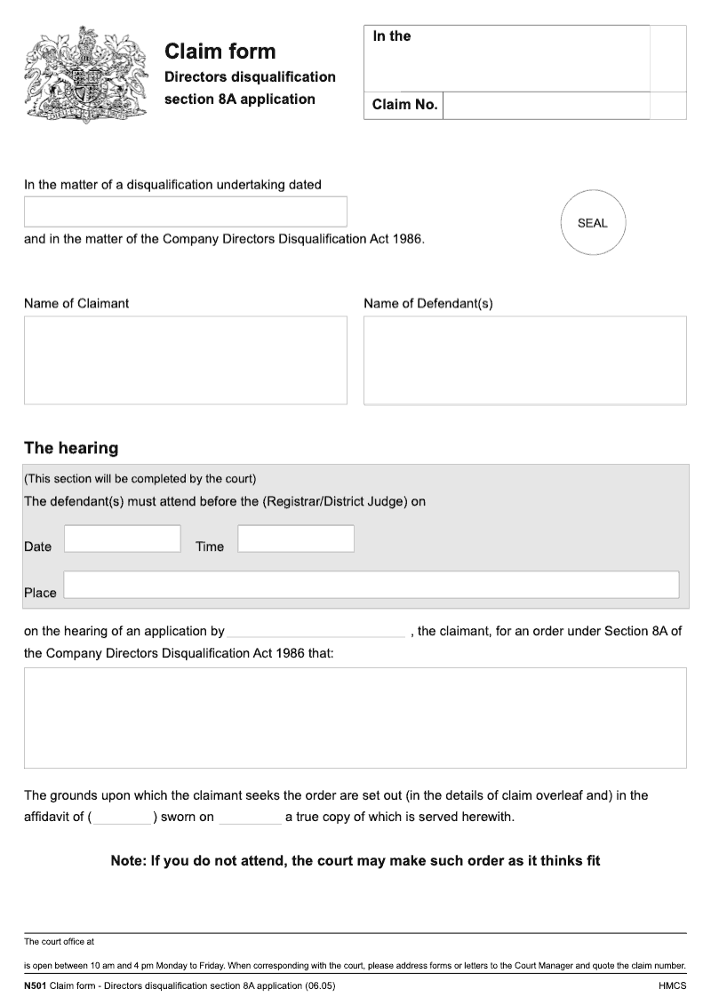 N501 Claim Form Directors disqualification section 8A application preview