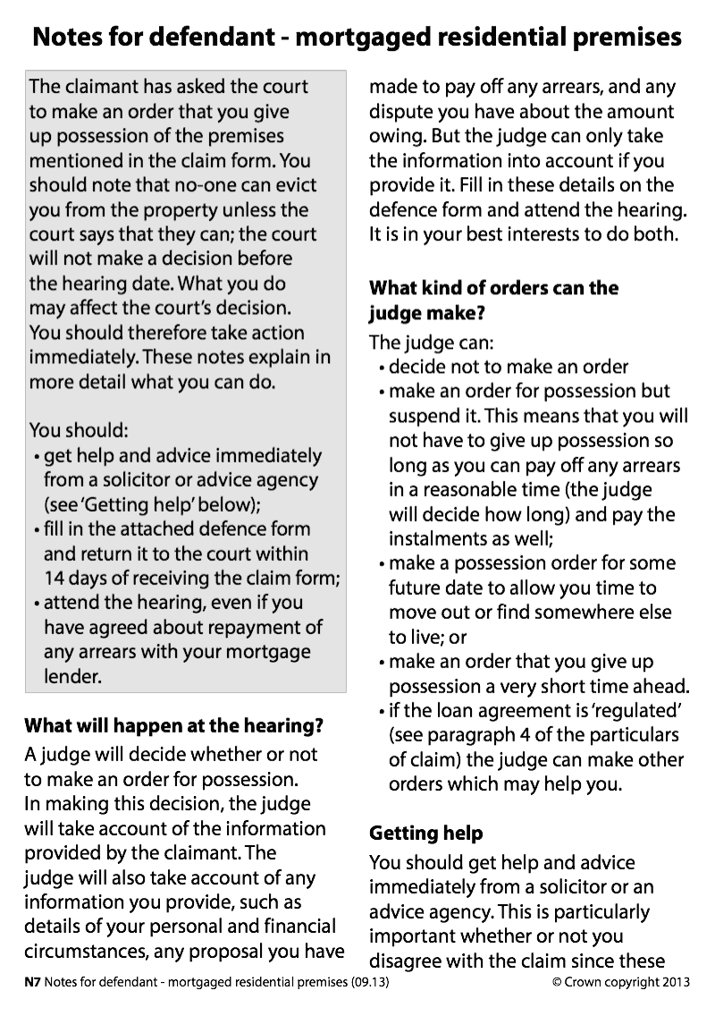 N7 Notes for defendant mortgaged residential premises preview