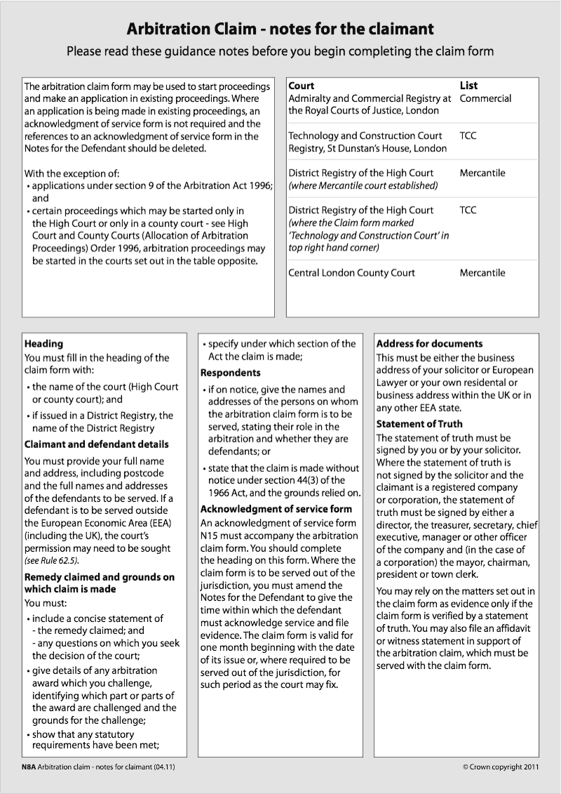 N8A Notes for the claimant Arbitration claim preview