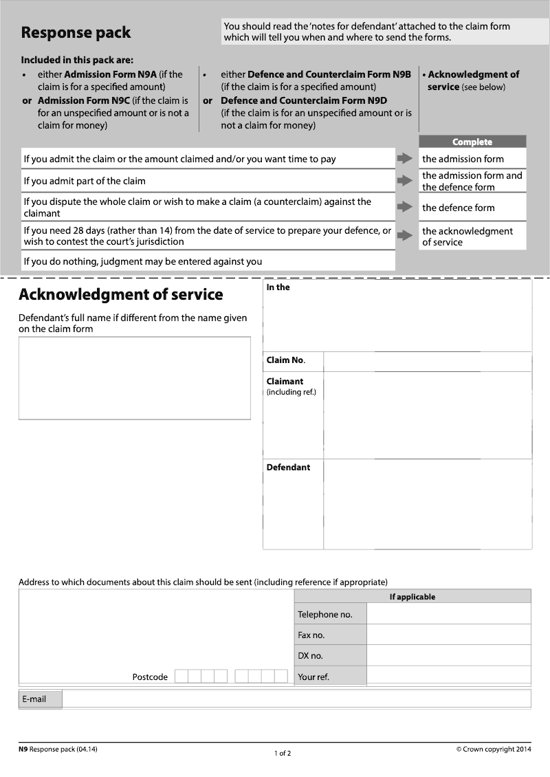 N9 Long Acknowledgment of service Response pack extended version electronic signature available preview