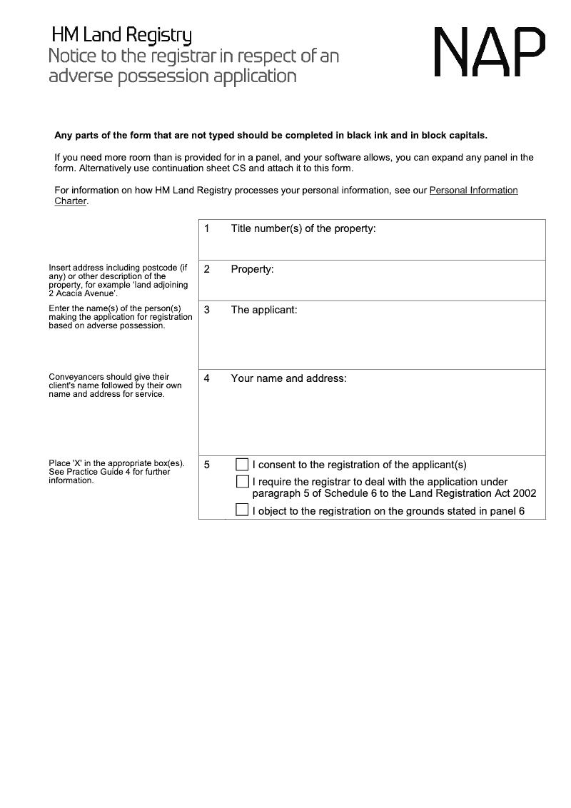 NAP Notice to the registrar in respect of an adverse possession application preview