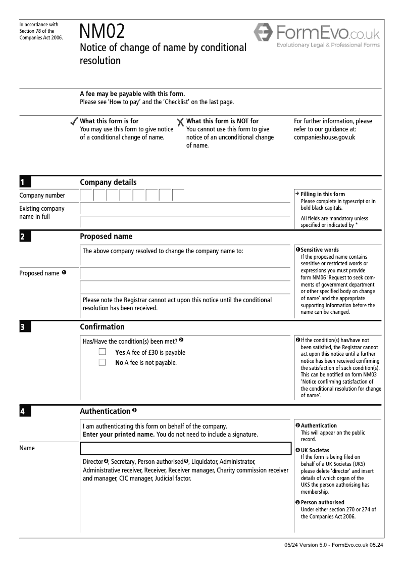 NM02 Notice of change of name by conditional resolution Section 78 preview