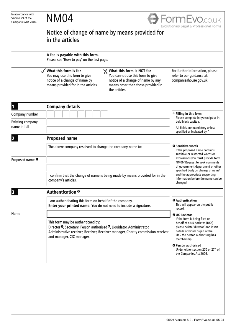 NM04 Notice of change of name by means provided for in the articles Section 79 preview